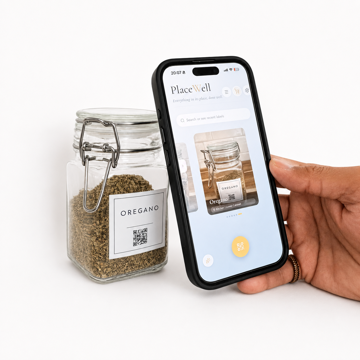 Oregano jar beside the PlaceWell app home screen