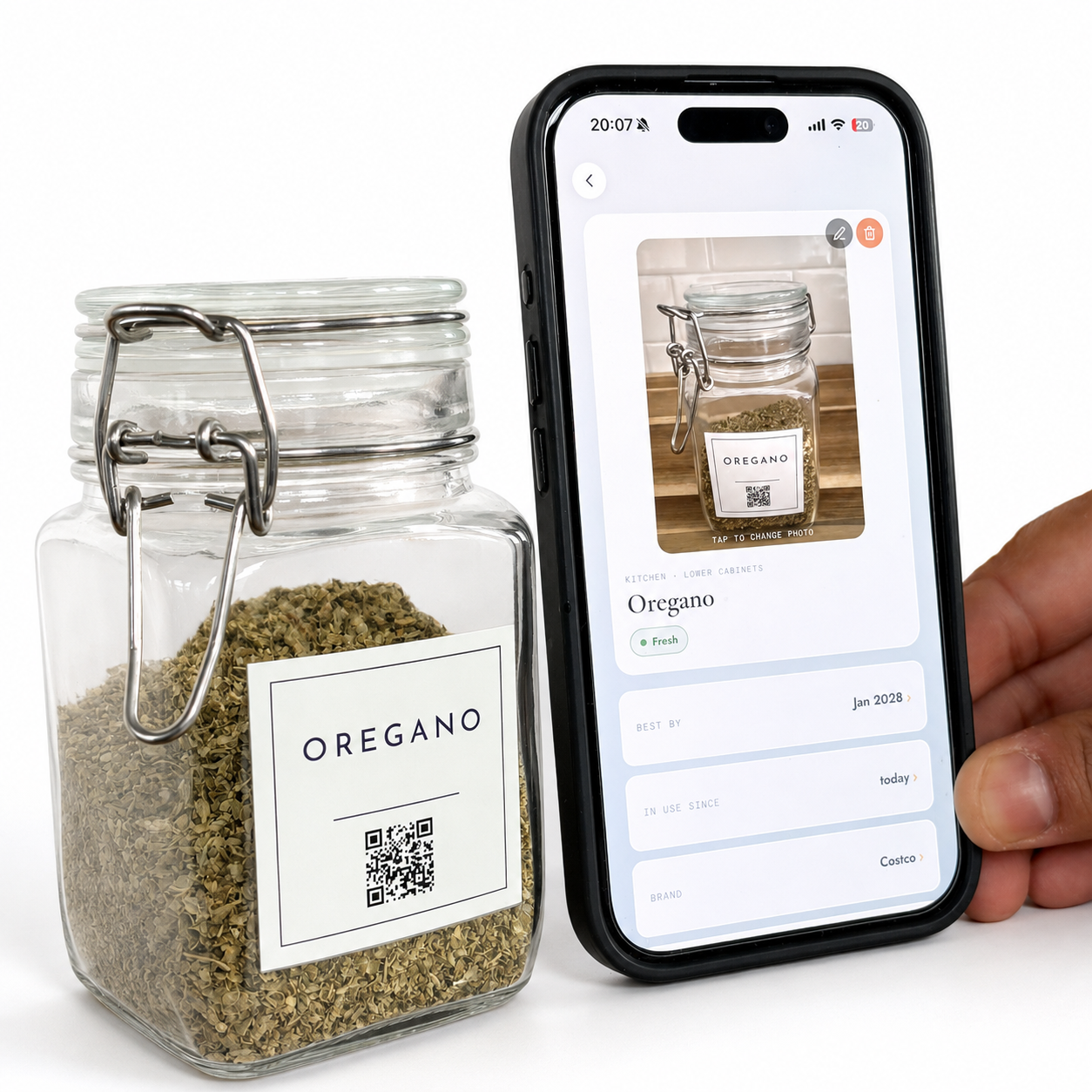 Oregano PlaceWell record showing its photo, location, dates, and brand