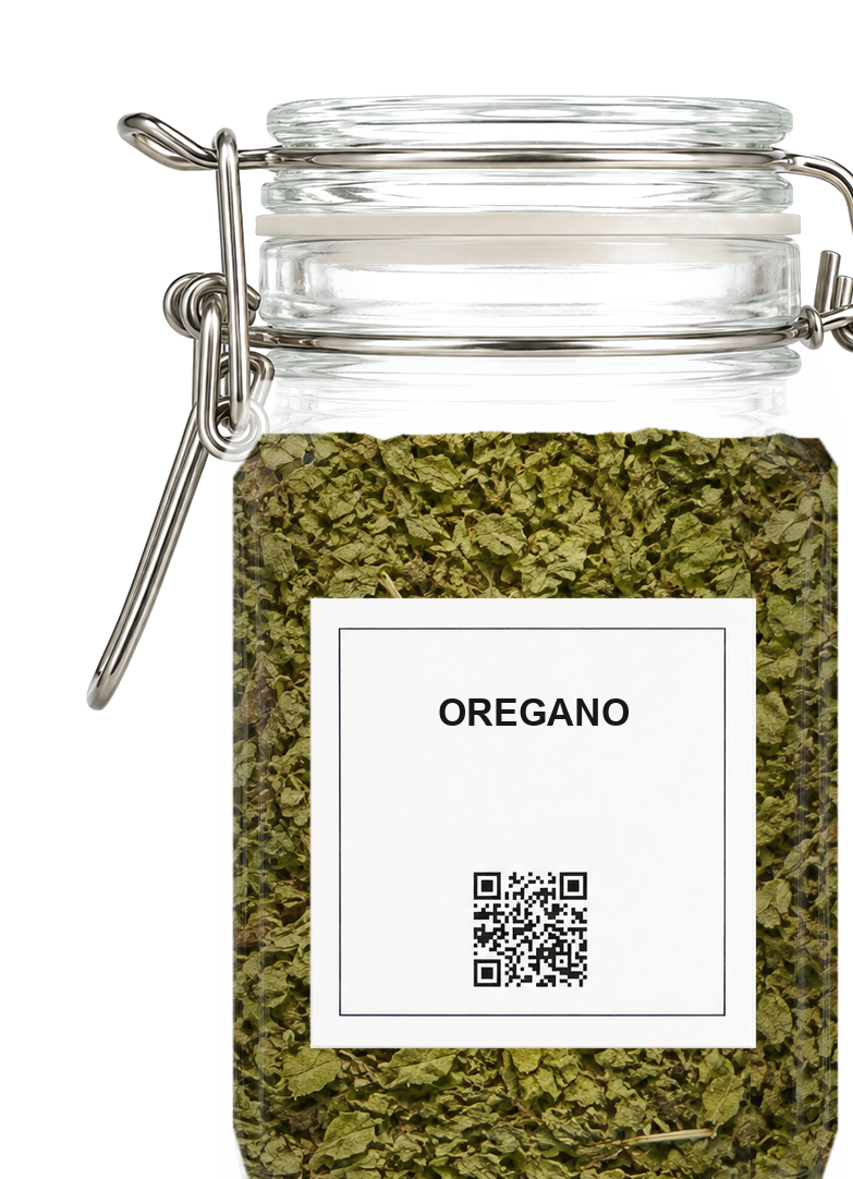 Oregano jar with PlaceWell square label