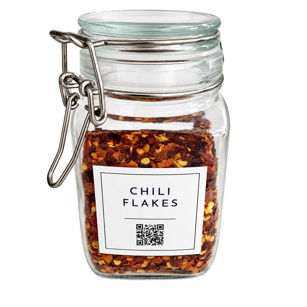 Chili Flakes jar with a Square PlaceWell label in a softly blurred kitchen