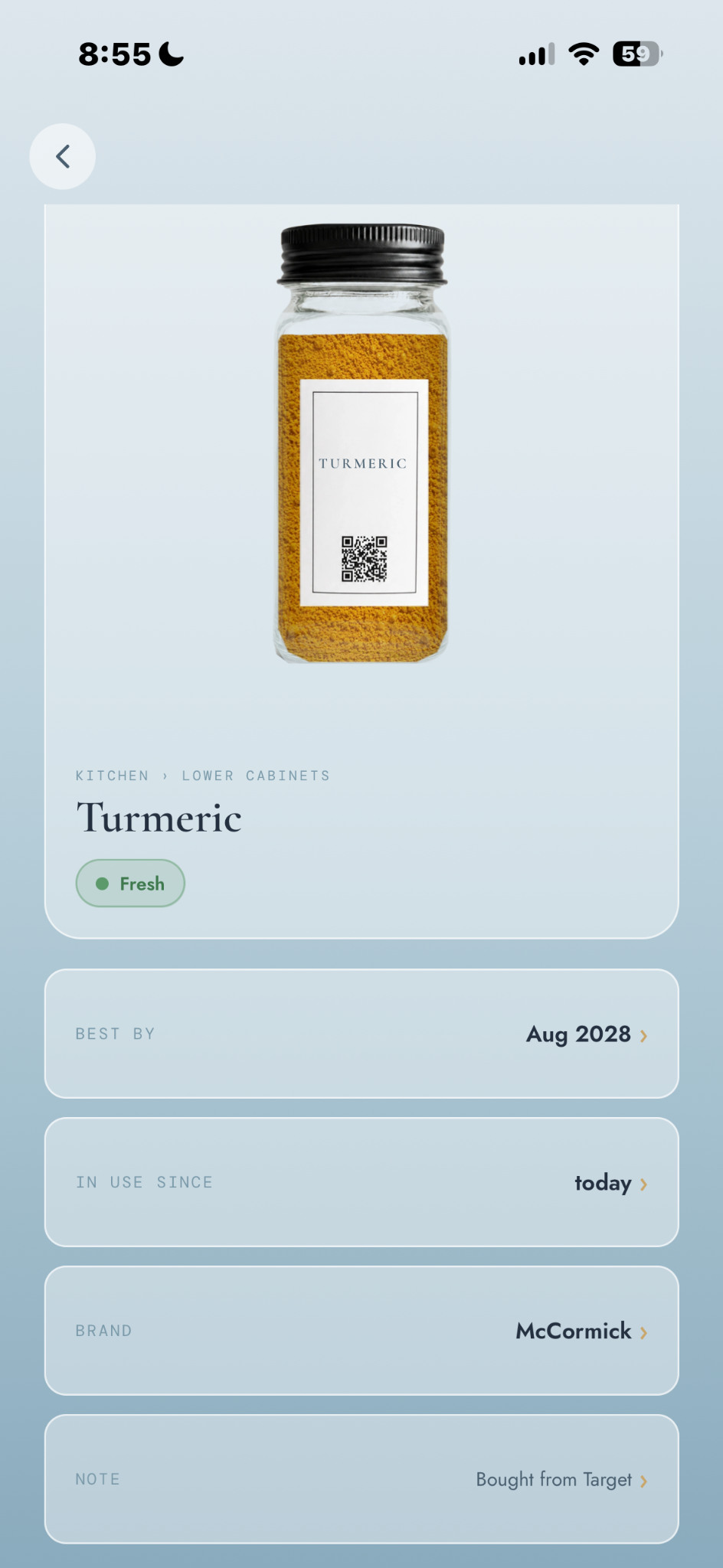 PlaceWell app showing a Turmeric item record